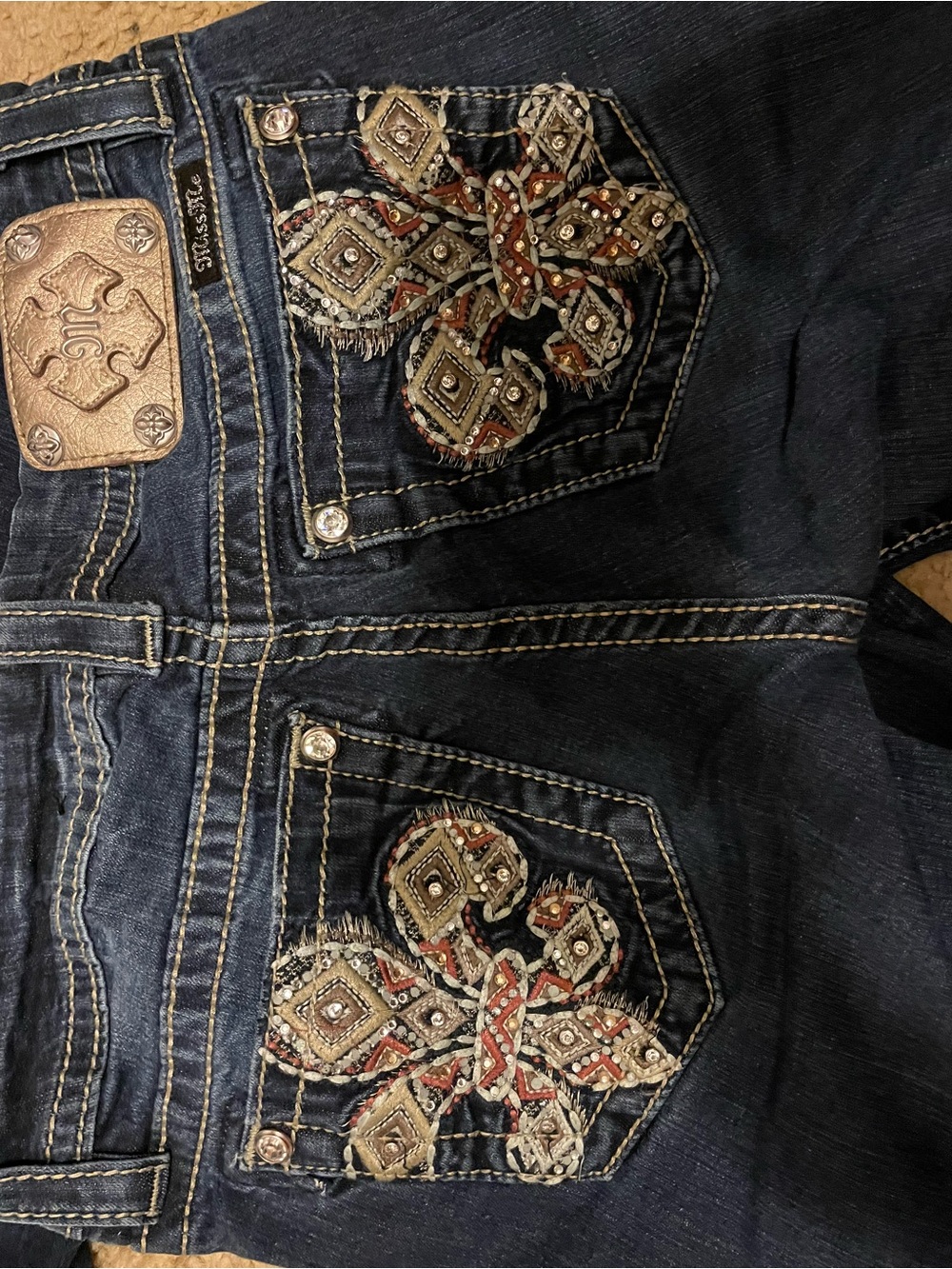 Miss Me Dark Blue Bootcut Jeans with Embroidered Beaded Pockets